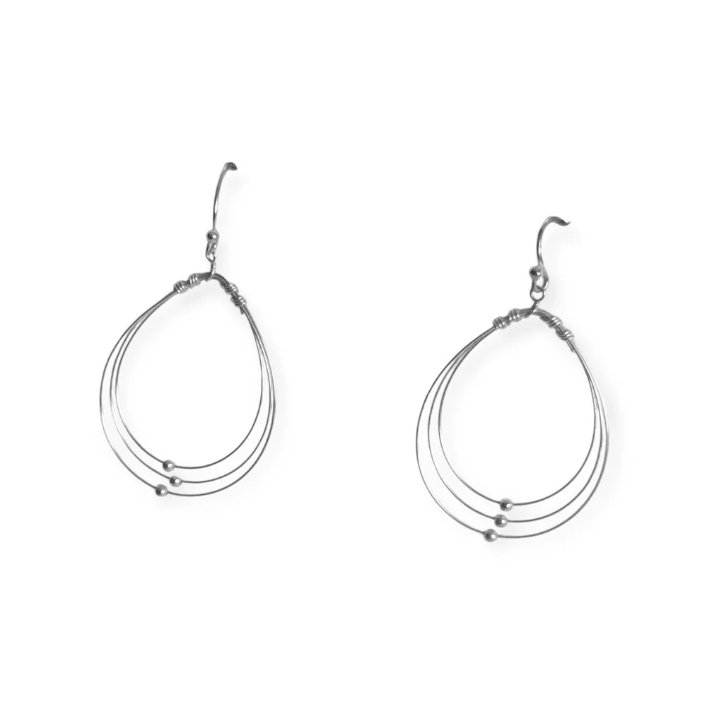 Sterling Silver 3 Wire Beaded Teardrop Dangle Earrings